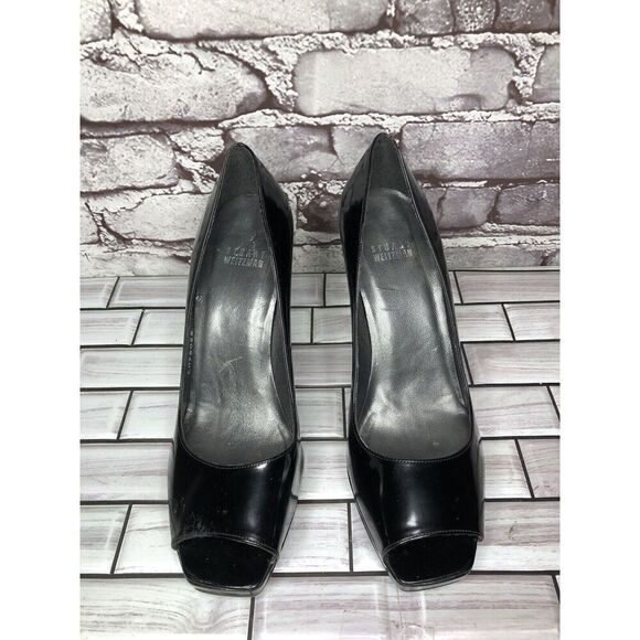 Stuart Weitzman Patent Leather Black Platform Peep Toe Heels Women sz 8.5M US/39 - Picture 11 of 16